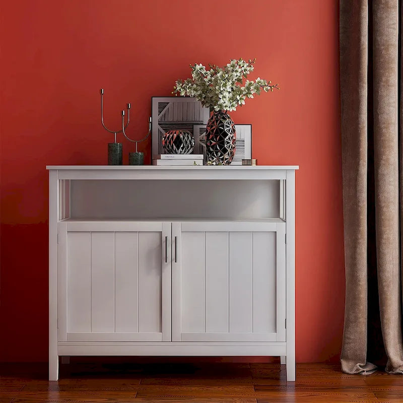 Wit houten dressoir-buffetkast met open vak en dubbele deuren