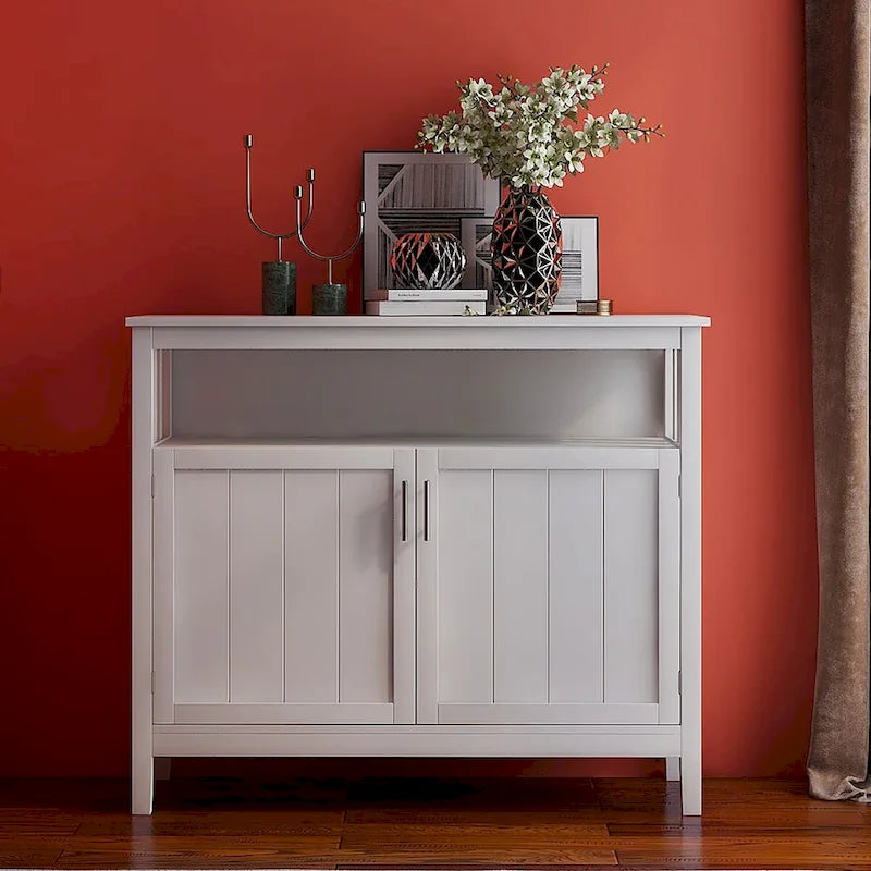White Wood Sideboard Buffet Cabinet with Open Shelf and Double Doors