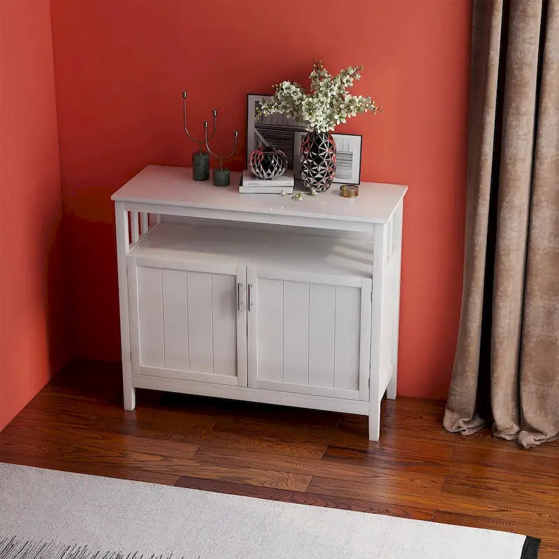 White Wood Sideboard Buffet Cabinet with Open Shelf and Double Doors