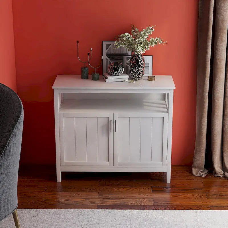 White Wood Sideboard Buffet Cabinet with Open Shelf and Double Doors
