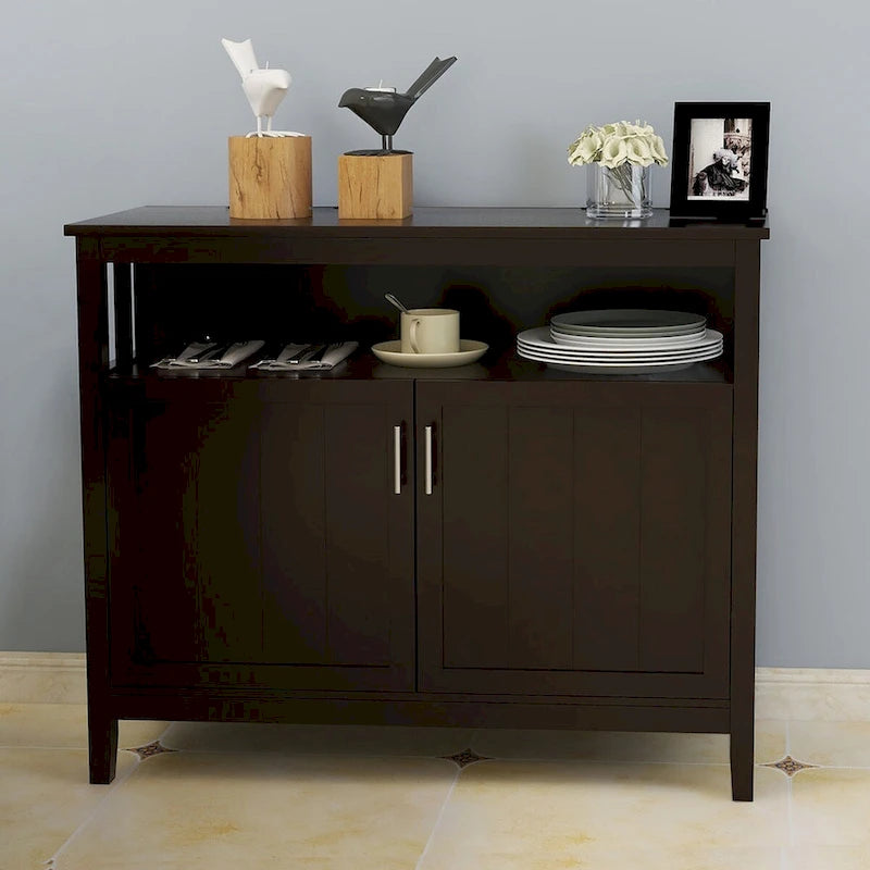 Wit houten dressoir-buffetkast met open vak en dubbele deuren