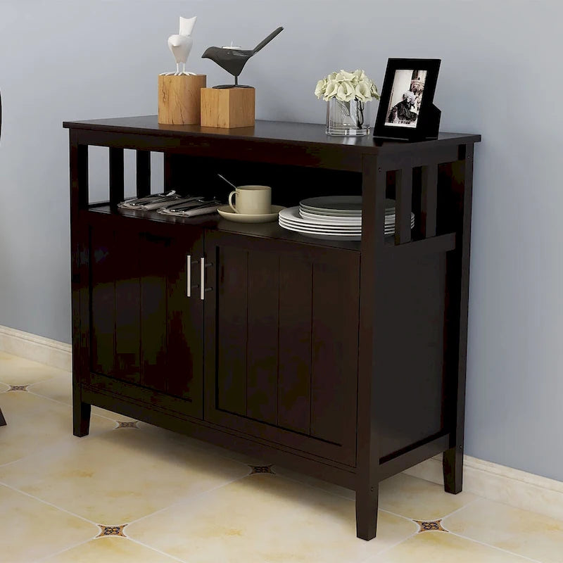 Wit houten dressoir-buffetkast met open vak en dubbele deuren