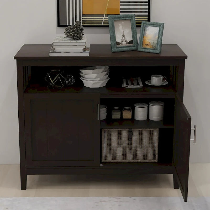 Wit houten dressoir-buffetkast met open vak en dubbele deuren