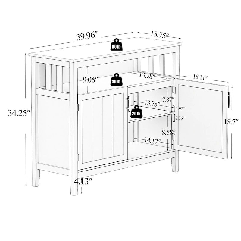 Wit houten dressoir-buffetkast met open vak en dubbele deuren