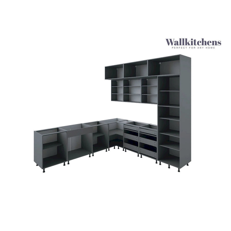 L-förmiger weißer Küchenunterschrank und -oberschrank mit matter Oberfläche und Stauraum 108x24