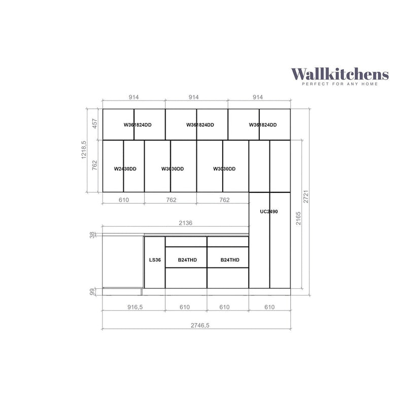 L-förmiger weißer Küchenunterschrank und -oberschrank mit matter Oberfläche und Stauraum 108x24