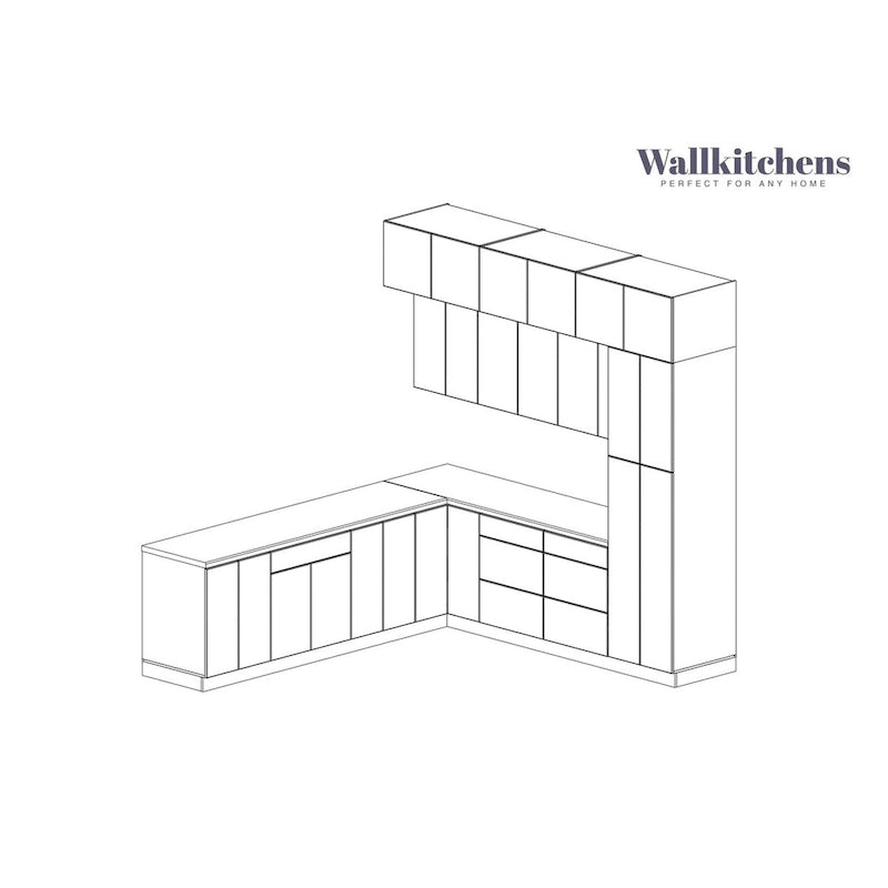 L-förmiger weißer Küchenunterschrank und -oberschrank mit matter Oberfläche und Stauraum 108x24