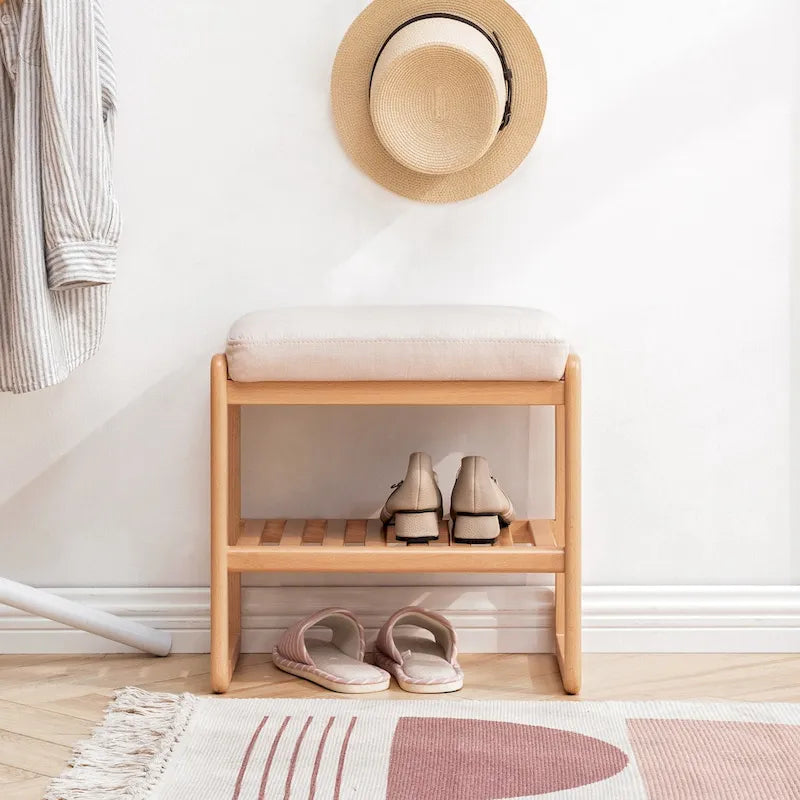 Oak Wood Shoe Bench with Storage Shelves and Cushioned Seat, Brown