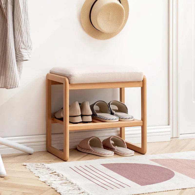 Oak Wood Shoe Bench with Storage Shelves and Cushioned Seat, Brown