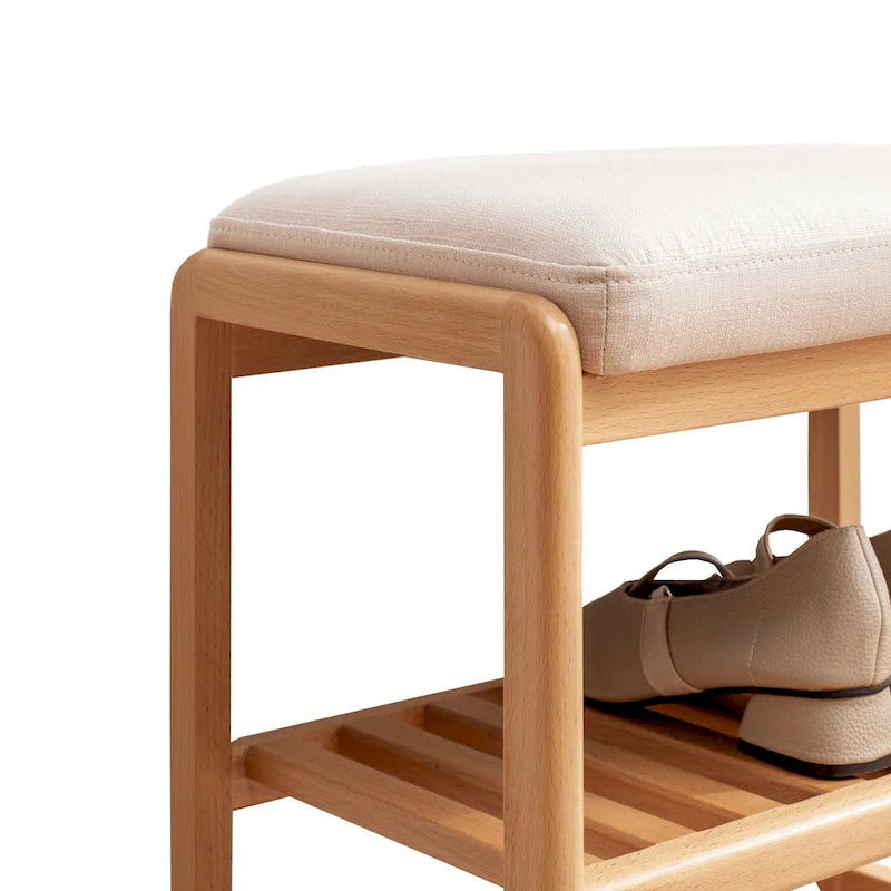 Oak Wood Shoe Bench with Storage Shelves and Cushioned Seat, Brown