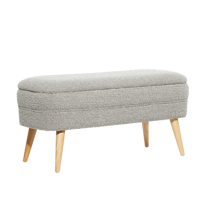 Oval Boucle Upholstered Storage Bench with Tapered Wood Legs, White or Gray