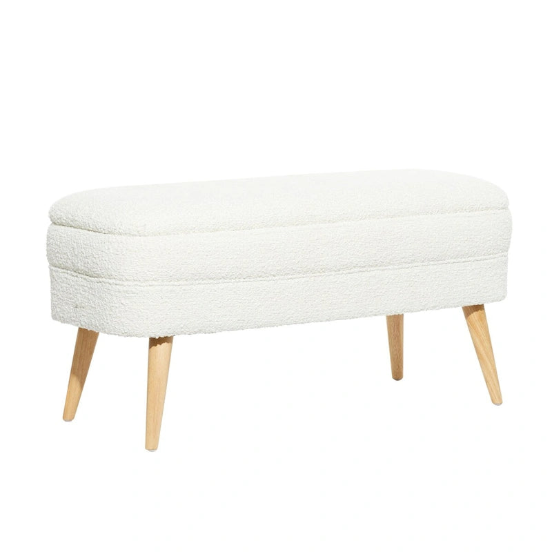 Oval Boucle Upholstered Storage Bench with Tapered Wood Legs, White or Gray