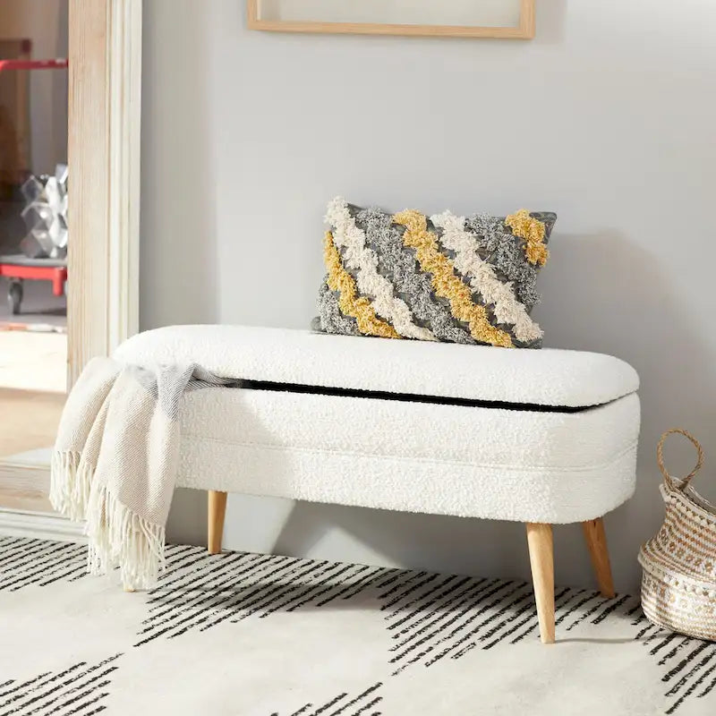 Oval Boucle Upholstered Storage Bench with Tapered Wood Legs, White or Gray