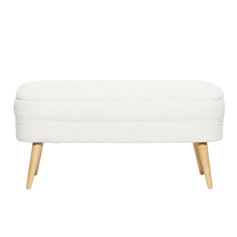 Oval Boucle Upholstered Storage Bench with Tapered Wood Legs, White or Gray