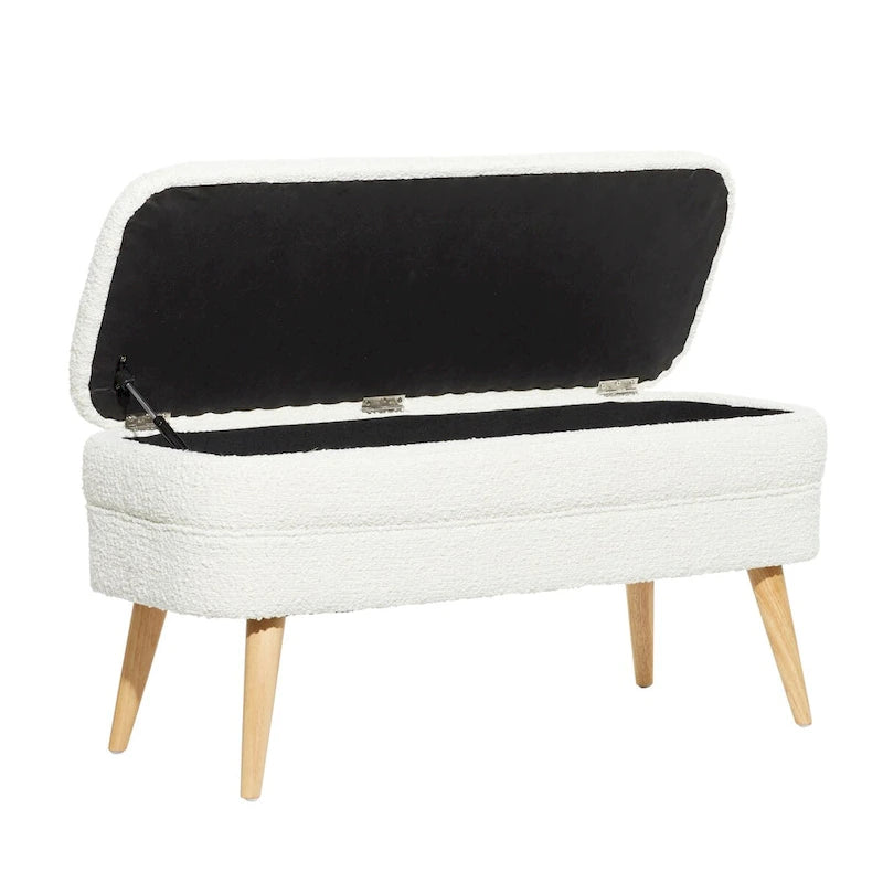 Oval Boucle Upholstered Storage Bench with Tapered Wood Legs, White or Gray