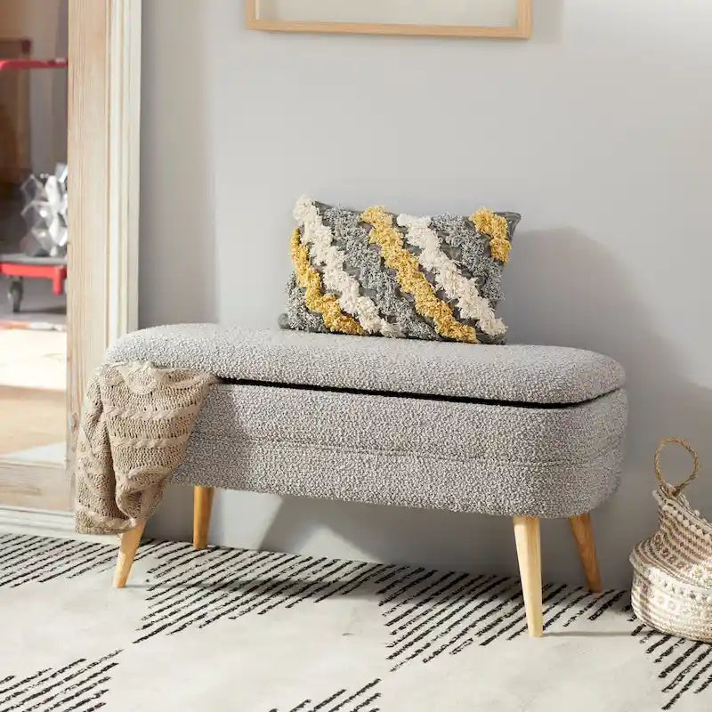 Oval Boucle Upholstered Storage Bench with Tapered Wood Legs, White or Gray