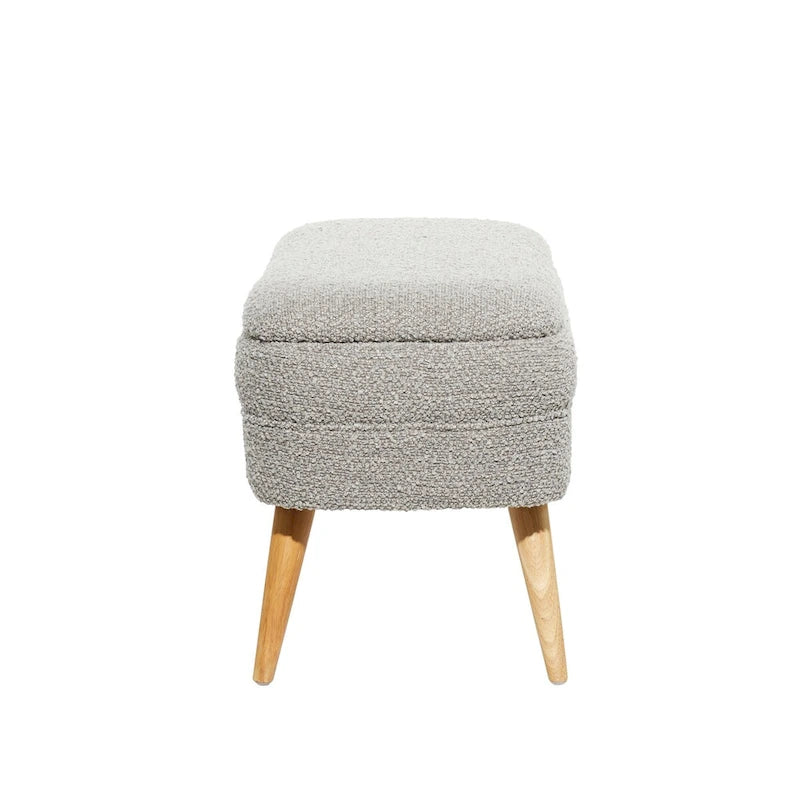 Oval Boucle Upholstered Storage Bench with Tapered Wood Legs, White or Gray