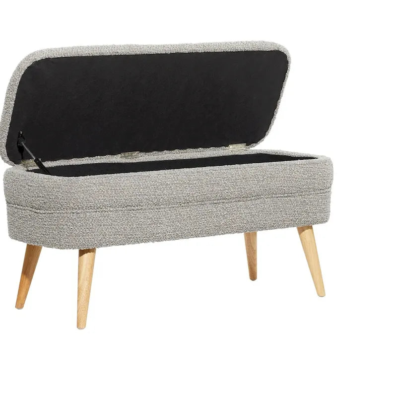 Oval Boucle Upholstered Storage Bench with Tapered Wood Legs, White or Gray