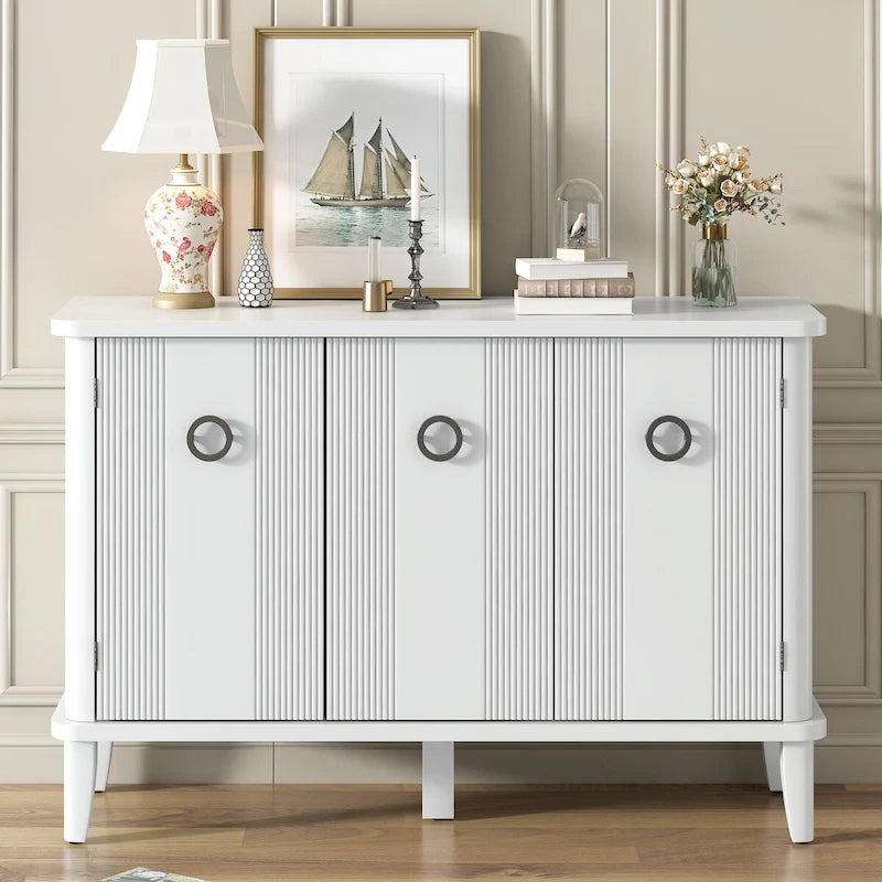 3-Door Ribbed Wood Storage Cabinet with Acacia Legs and Ring Handles