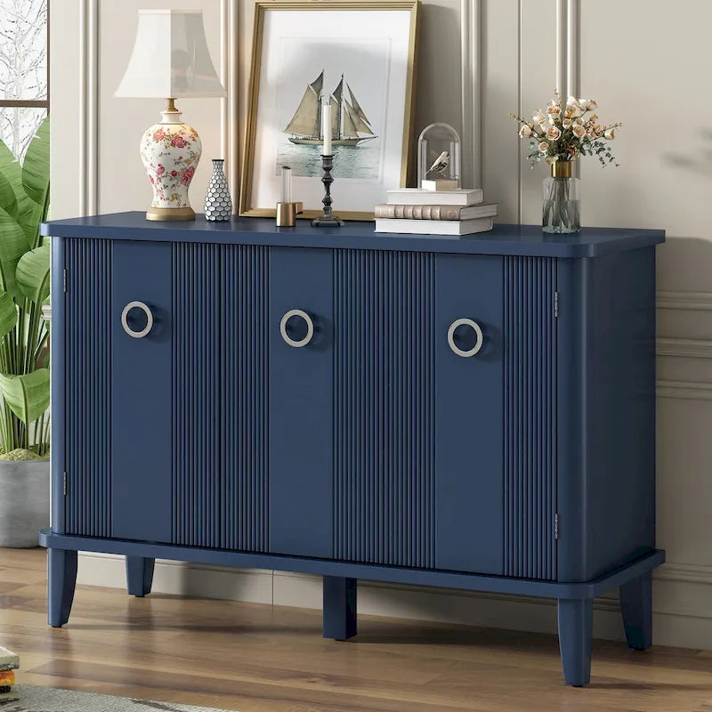 3-Door Ribbed Wood Storage Cabinet with Acacia Legs and Ring Handles