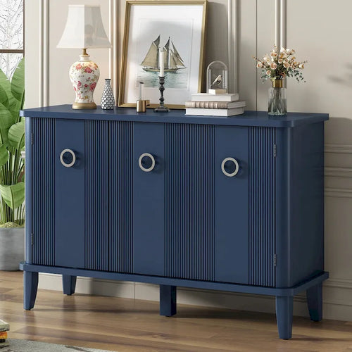 3-Door Ribbed Wood Storage Cabinet with Acacia Legs and Ring Handles