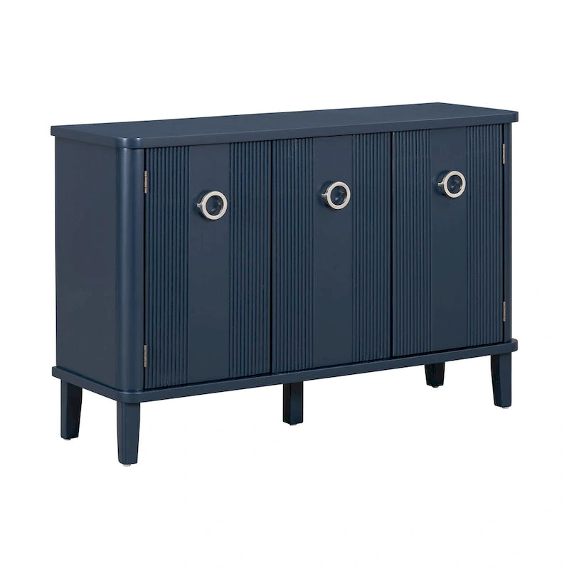 3-Door Ribbed Wood Storage Cabinet with Acacia Legs and Ring Handles