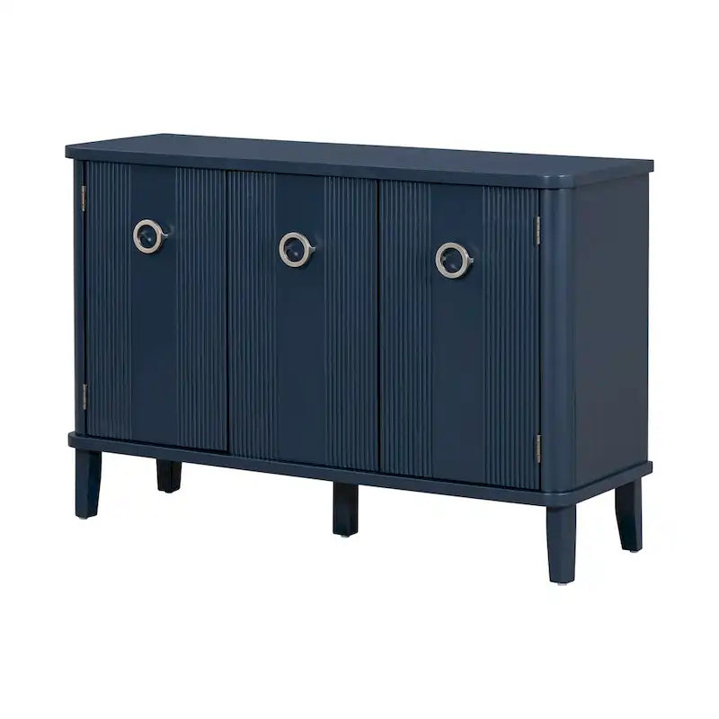 3-Door Ribbed Wood Storage Cabinet with Acacia Legs and Ring Handles