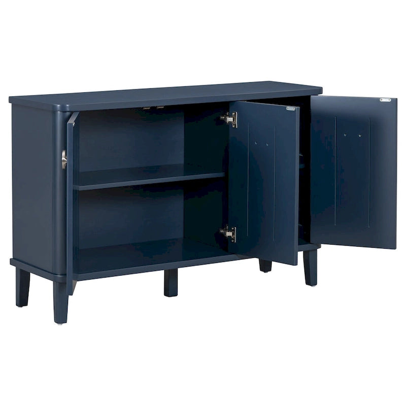 3-Door Ribbed Wood Storage Cabinet with Acacia Legs and Ring Handles