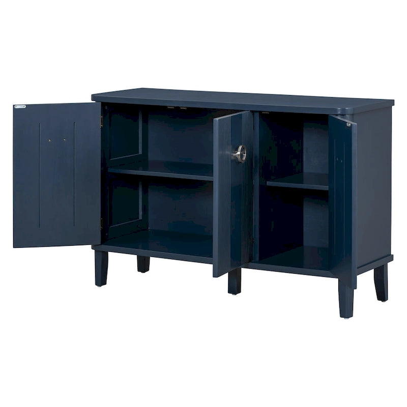 3-Door Ribbed Wood Storage Cabinet with Acacia Legs and Ring Handles