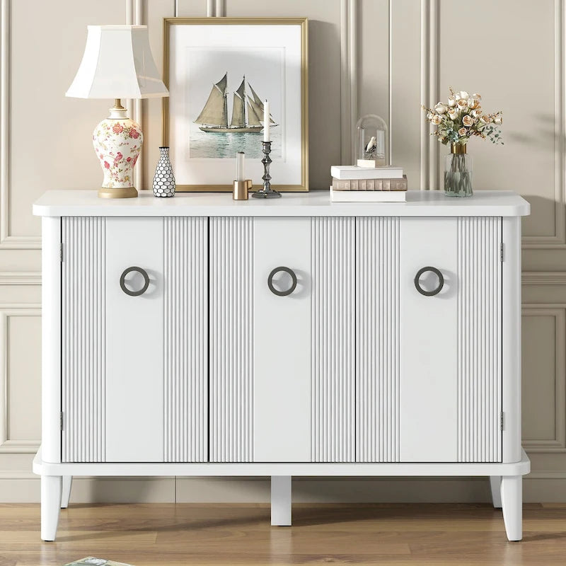 3-Door Ribbed Wood Storage Cabinet with Acacia Legs and Ring Handles