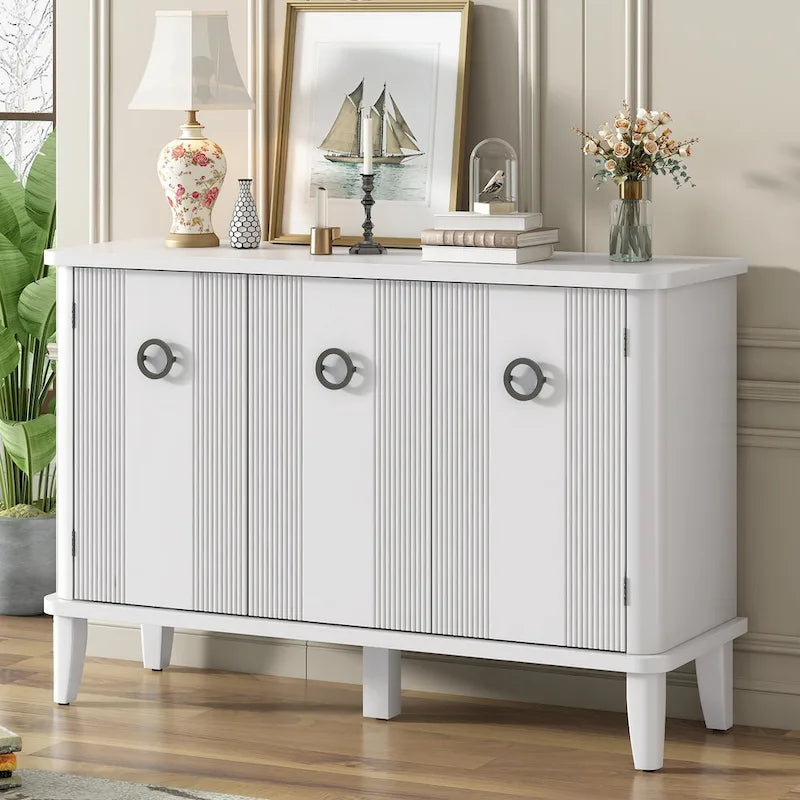 3-Door Ribbed Wood Storage Cabinet with Acacia Legs and Ring Handles