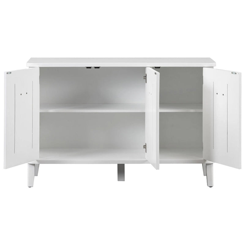 3-Door Ribbed Wood Storage Cabinet with Acacia Legs and Ring Handles