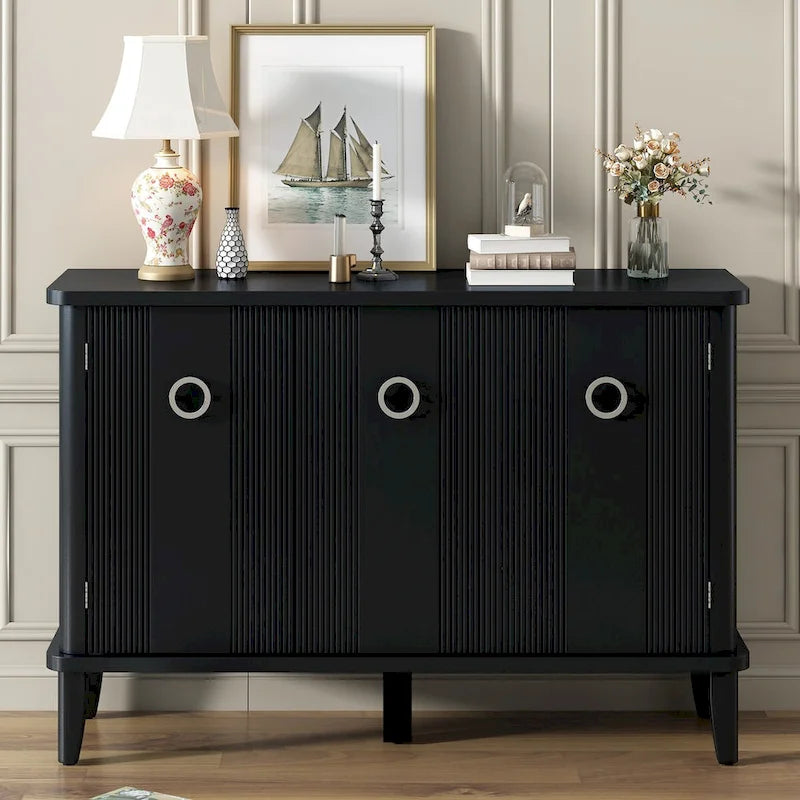 3-Door Ribbed Wood Storage Cabinet with Acacia Legs and Ring Handles