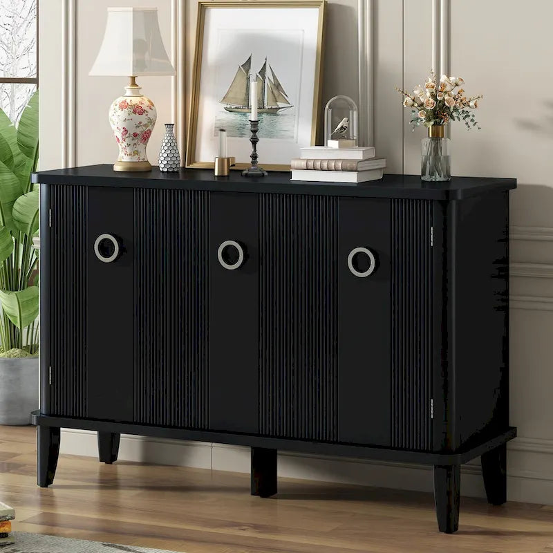3-Door Ribbed Wood Storage Cabinet with Acacia Legs and Ring Handles