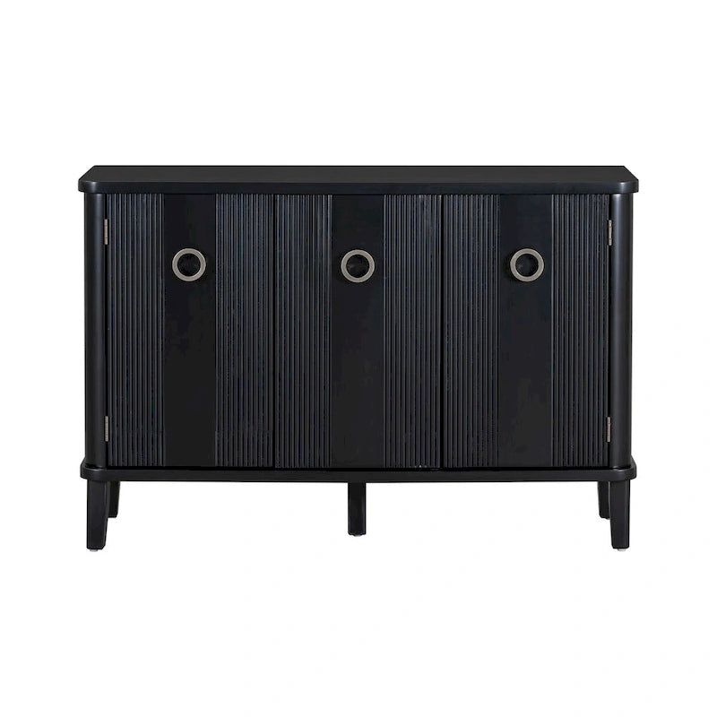 3-Door Ribbed Wood Storage Cabinet with Acacia Legs and Ring Handles