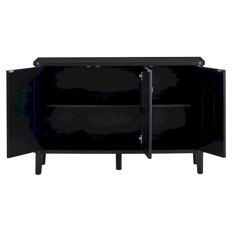 3-Door Ribbed Wood Storage Cabinet with Acacia Legs and Ring Handles