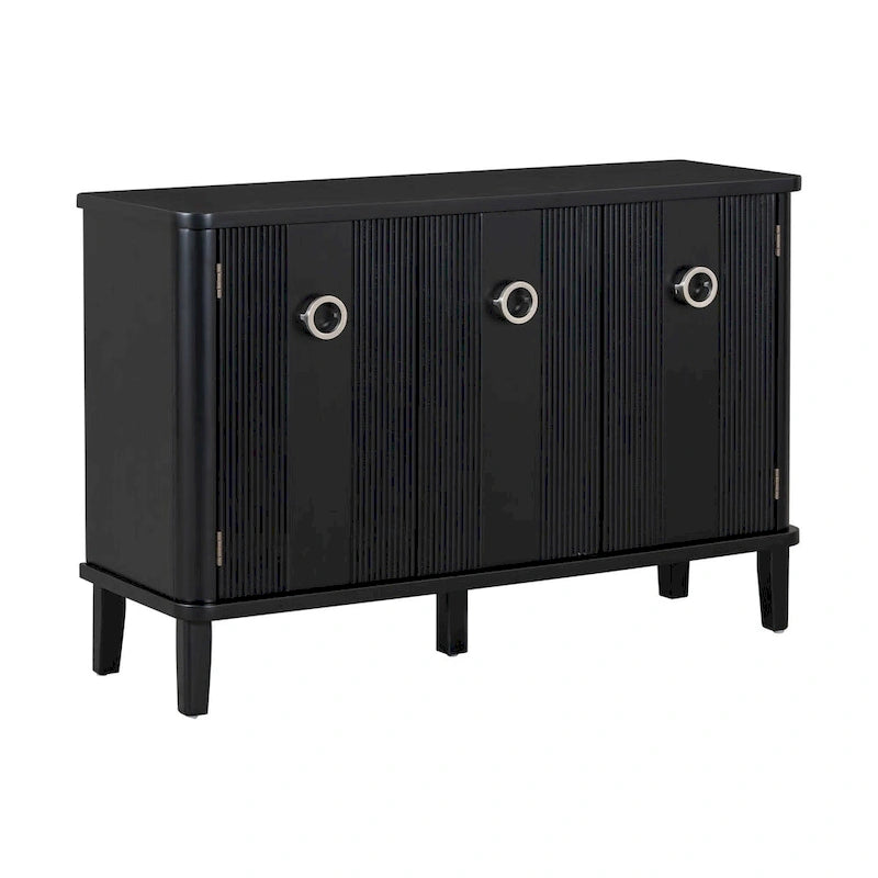 3-Door Ribbed Wood Storage Cabinet with Acacia Legs and Ring Handles
