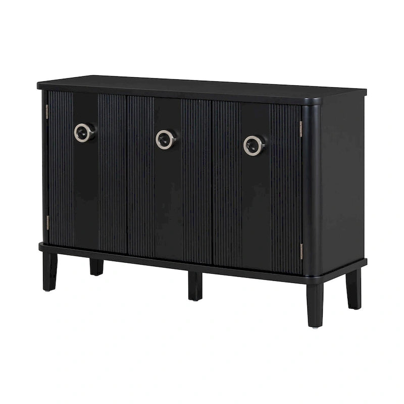 3-Door Ribbed Wood Storage Cabinet with Acacia Legs and Ring Handles
