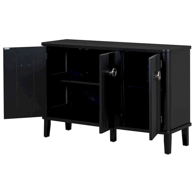3-Door Ribbed Wood Storage Cabinet with Acacia Legs and Ring Handles