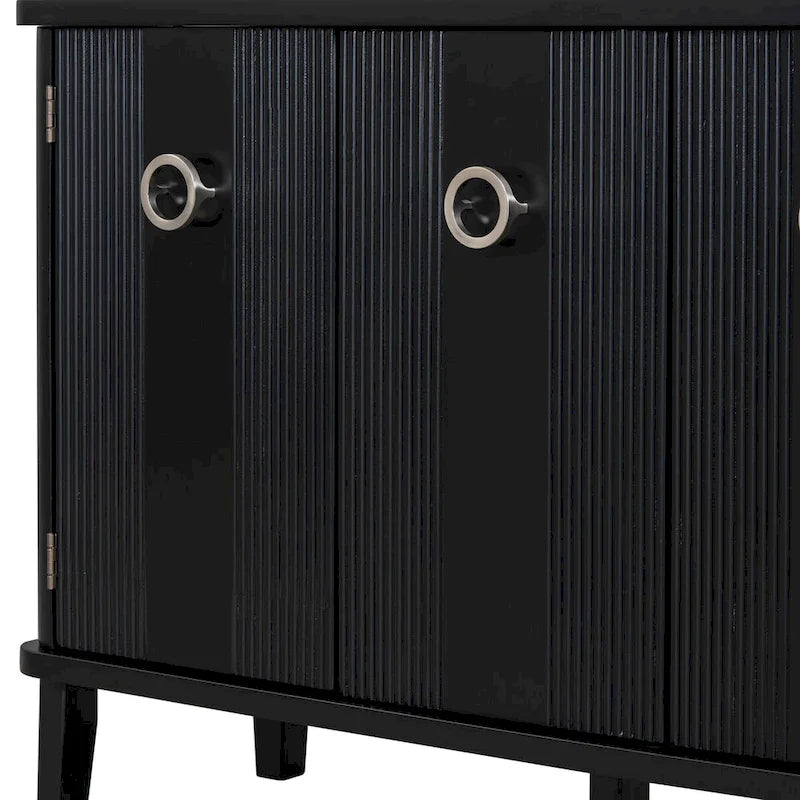 3-Door Ribbed Wood Storage Cabinet with Acacia Legs and Ring Handles