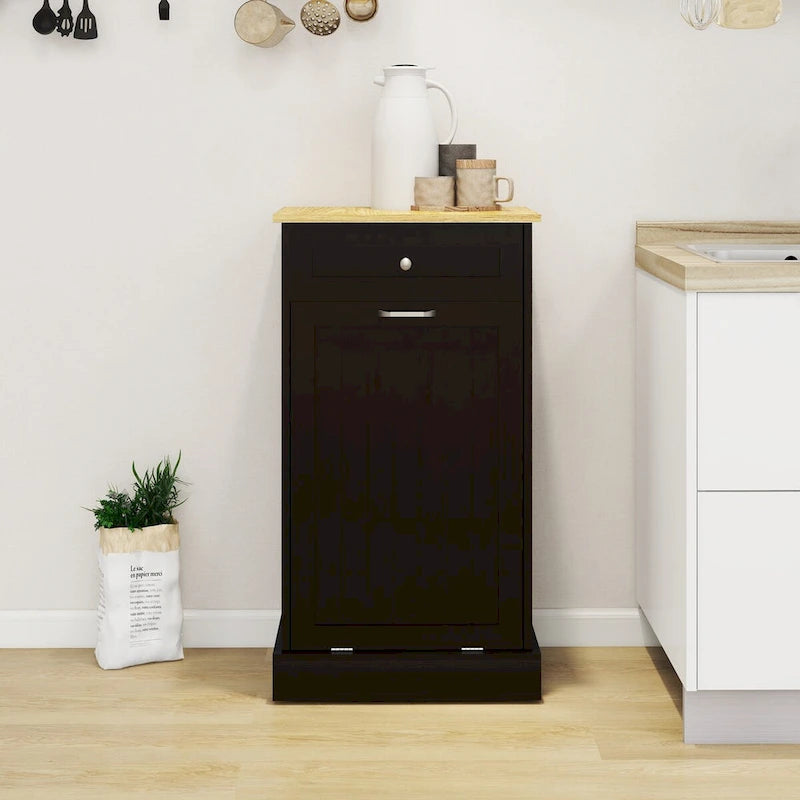 Freestanding Black Kitchen Tilt-Out Trash Cabinet with Drawer