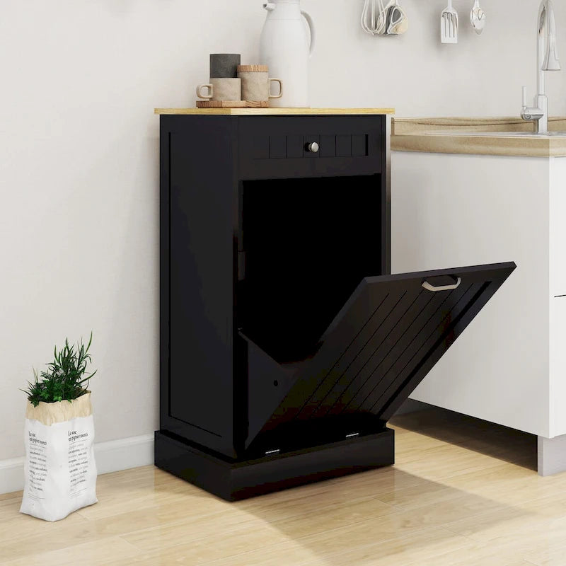 Freestanding Black Kitchen Tilt-Out Trash Cabinet with Drawer