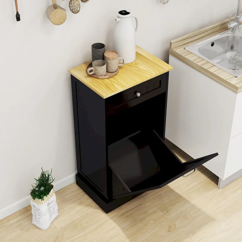 Freestanding Black Kitchen Tilt-Out Trash Cabinet with Drawer