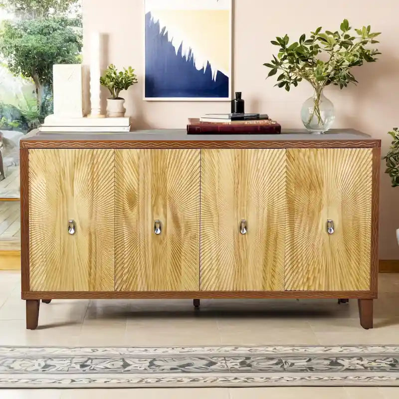 Buffet à 4 portes sculptées en motif rayons de soleil, 60 pouces, finition bois naturel
