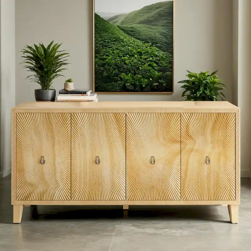 60-Inch Sunburst Carved 4-Door Sideboard Buffet Cabinet Natural Wood Finish