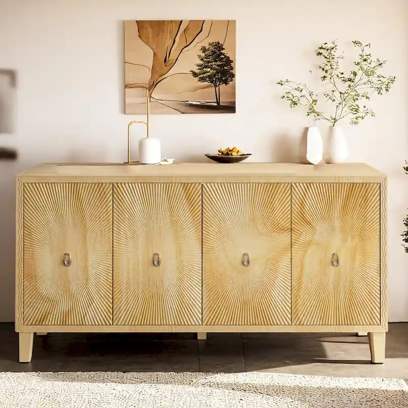 Buffet à 4 portes sculptées en motif rayons de soleil, 60 pouces, finition bois naturel