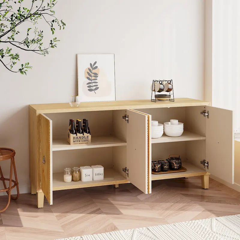 Buffet à 4 portes sculptées en motif rayons de soleil, 60 pouces, finition bois naturel