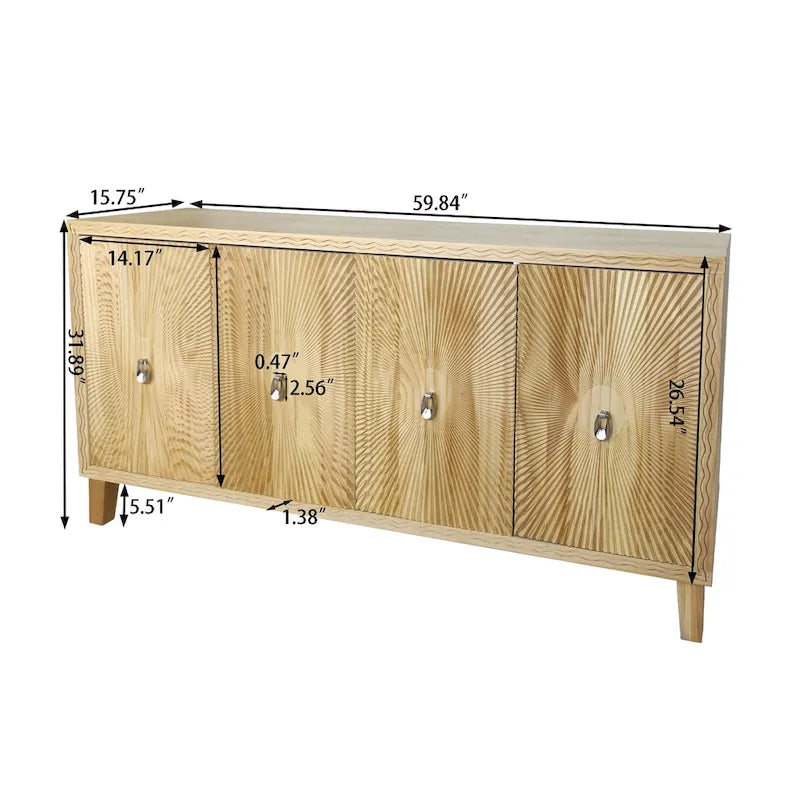 60-Inch Sunburst Carved 4-Door Sideboard Buffet Cabinet Natural Wood Finish