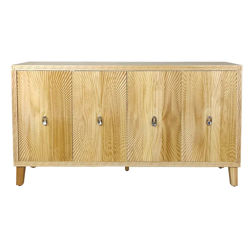 Buffet à 4 portes sculptées en motif rayons de soleil, 60 pouces, finition bois naturel