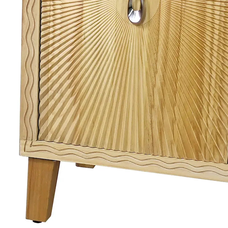 Buffet à 4 portes sculptées en motif rayons de soleil, 60 pouces, finition bois naturel